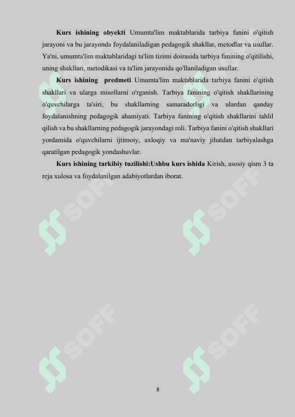 Umumta'lim maktablarida tarbiya fanini o'qitish shakllarining har biriga misollar yozish 8