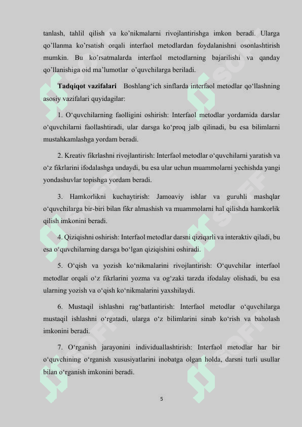 Boshlang’ich sinflarda o’zgaruvchi qatnashgan ifodalarni o’rgatishda interfaol metodlardan foydalanish. 5