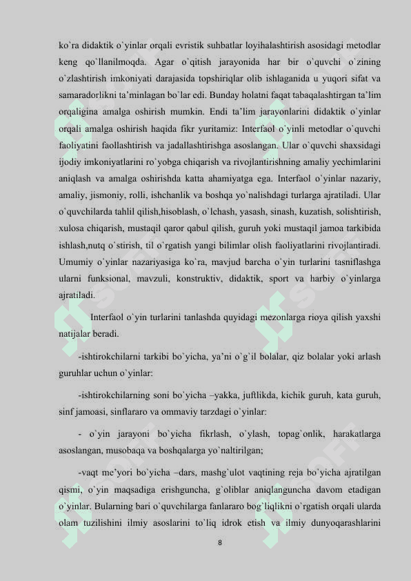 Boshlang’ich sinflarda o’zgaruvchi qatnashgan ifodalarni o’rgatishda interfaol metodlardan foydalanish. 8