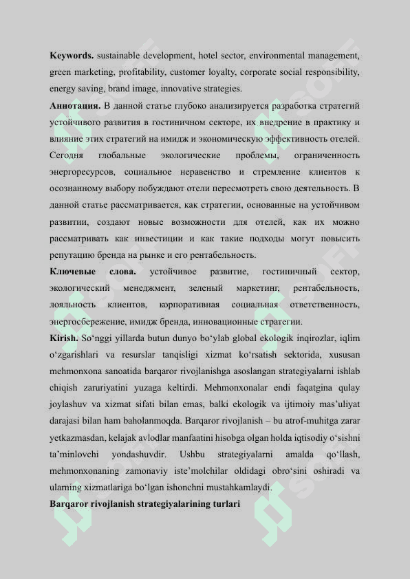 Mehmonxona sektorida barqaror rivojlanish strategiyalarini amalga oshirish va ularning imidj hamda rentabelligiga ta’siri 2