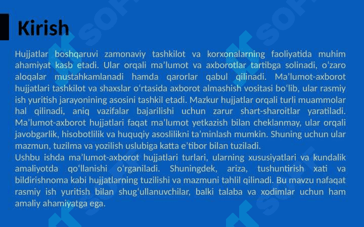 Ma'lumot-axborot hujjatlari. Ma'lumot-axborot hujjatlarining turlari, xususiyatlari. Ariza, tushuntirish xati, bildirishnoma. 3