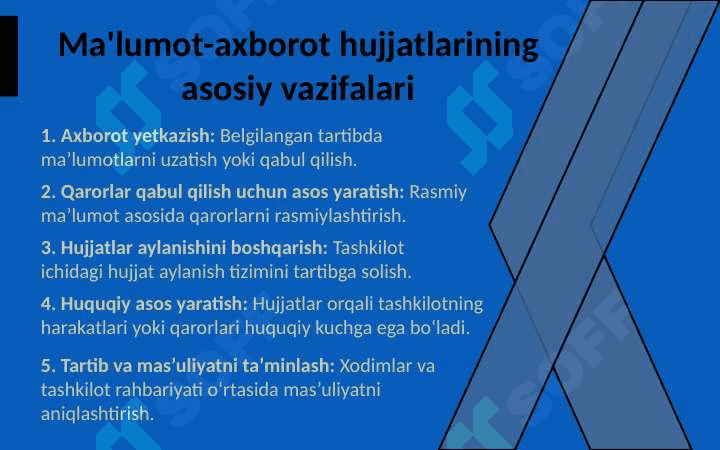 Ma'lumot-axborot hujjatlari. Ma'lumot-axborot hujjatlarining turlari, xususiyatlari. Ariza, tushuntirish xati, bildirishnoma. 5