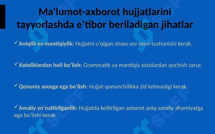 Ma'lumot-axborot hujjatlari. Ma'lumot-axborot hujjatlarining turlari, xususiyatlari. Ariza, tushuntirish xati, bildirishnoma. 6
