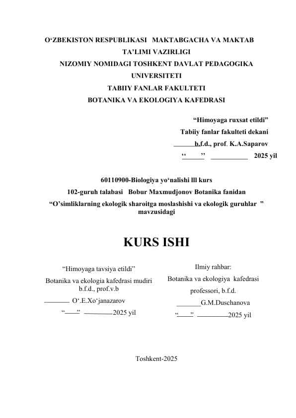 O’simliklarning ekologik sharoitga moslashishi va ekologik guruhlar  kurs ishi