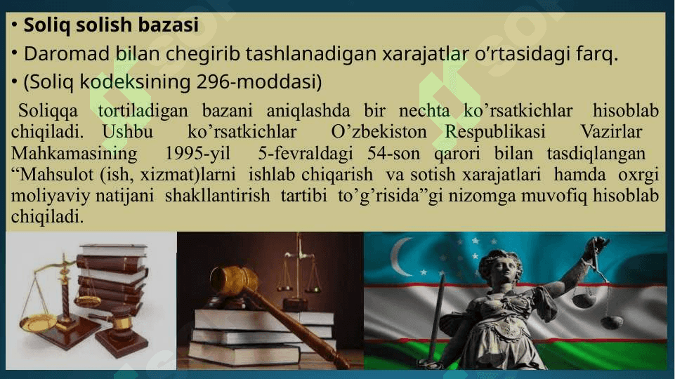 Taqdimot Yuridik shaxslardan olinadigan foyda solig‘i va uning korxonalar moliya-xo‘jalik faoliyatiga ta’siri 6