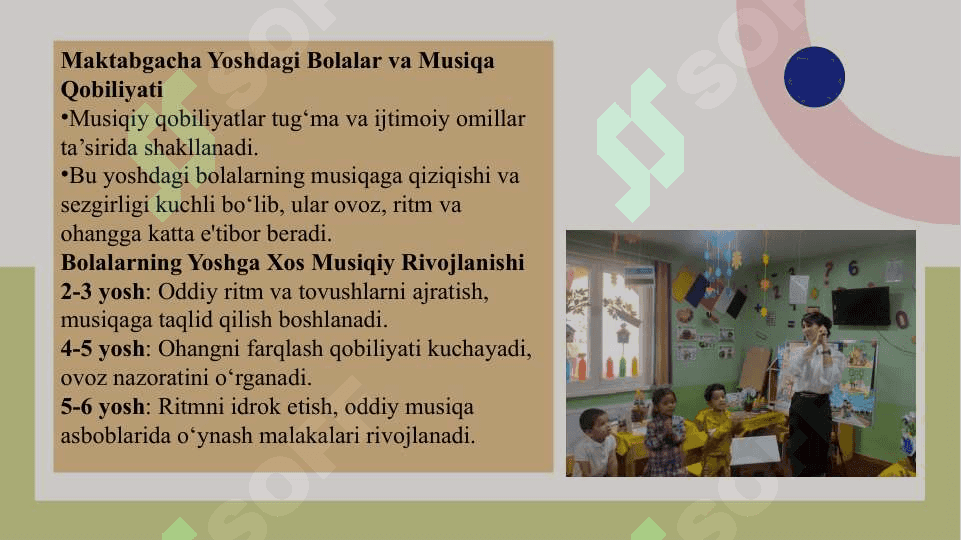 Taqdimot MAKTABGACHA TA'LIM TASHKILOTlarida tarbiyalanuvchilarning yoshga doir musiqiy qobiliyatlarini rivojlantirish xususiyatlari 3