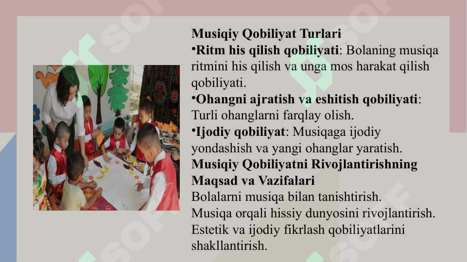 Taqdimot MAKTABGACHA TA'LIM TASHKILOTlarida tarbiyalanuvchilarning yoshga doir musiqiy qobiliyatlarini rivojlantirish xususiyatlari 4