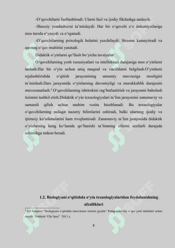 Kurs ishi Biologiyani o‘qitishda didaktik o‘yin   texnologiyalarining Konferensiya va Matbuot   konferensiya metodlaridan foydalanish 8