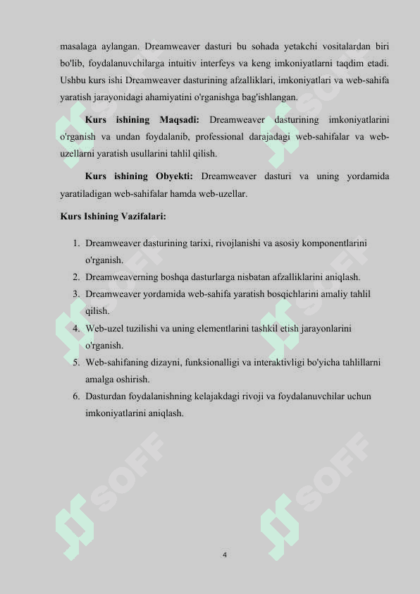 Kurs ishi Dreamweaver dasturi, uning asosiy komponentlari. Dreamweaver dasturida Web-sahifa va web-uzel yaratish 4