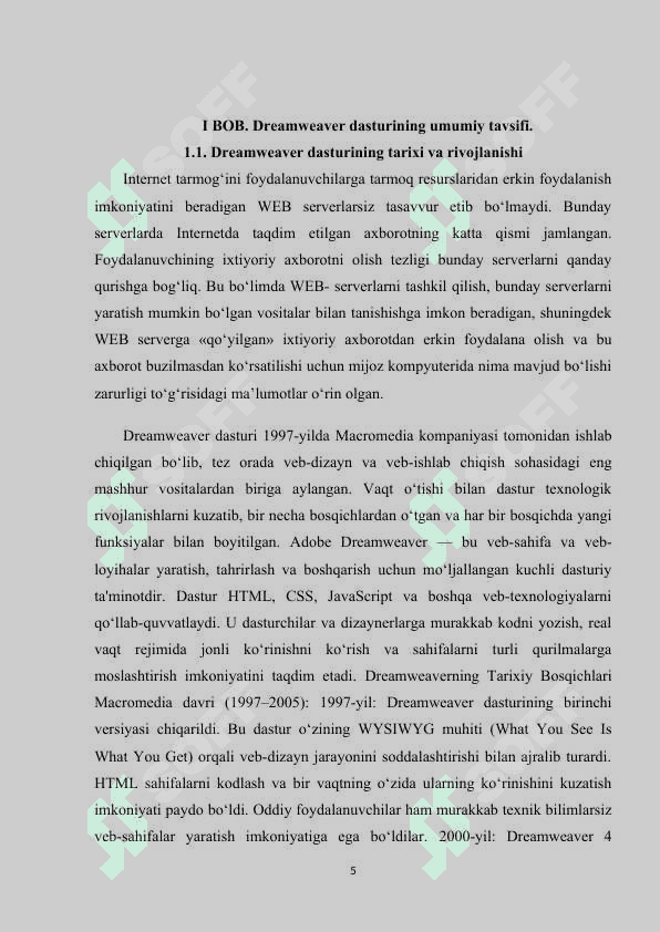 Kurs ishi Dreamweaver dasturi, uning asosiy komponentlari. Dreamweaver dasturida Web-sahifa va web-uzel yaratish 5