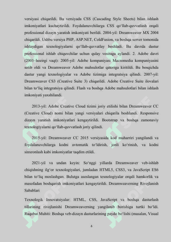 Kurs ishi Dreamweaver dasturi, uning asosiy komponentlari. Dreamweaver dasturida Web-sahifa va web-uzel yaratish 6