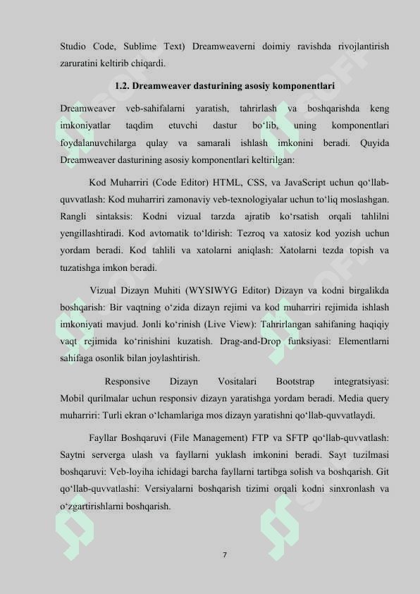 Kurs ishi Dreamweaver dasturi, uning asosiy komponentlari. Dreamweaver dasturida Web-sahifa va web-uzel yaratish 7