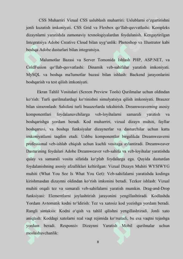 Kurs ishi Dreamweaver dasturi, uning asosiy komponentlari. Dreamweaver dasturida Web-sahifa va web-uzel yaratish 8