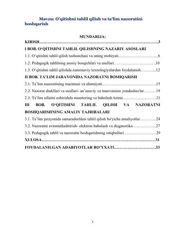 Kurs ishi O'qitishni tahlil qilish va ta'lim nazoratini boshqarish