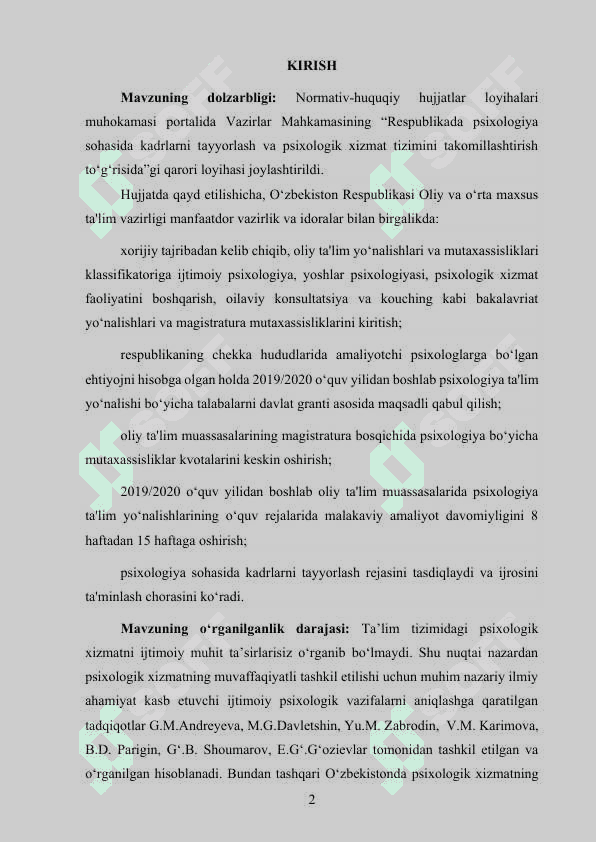Psixologik xizmatning normativ ishchi xujjatlari 2