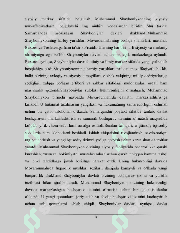 Movarounnahrda shayboniylar sulolasi hukmronligi o'rnatish 6