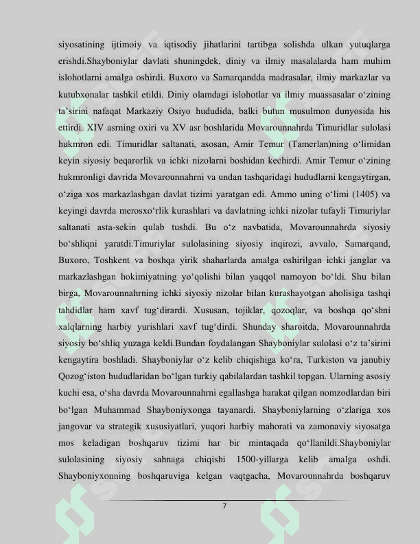 Movarounnahrda shayboniylar sulolasi hukmronligi o'rnatish 7