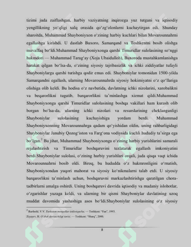 Movarounnahrda shayboniylar sulolasi hukmronligi o'rnatish 8