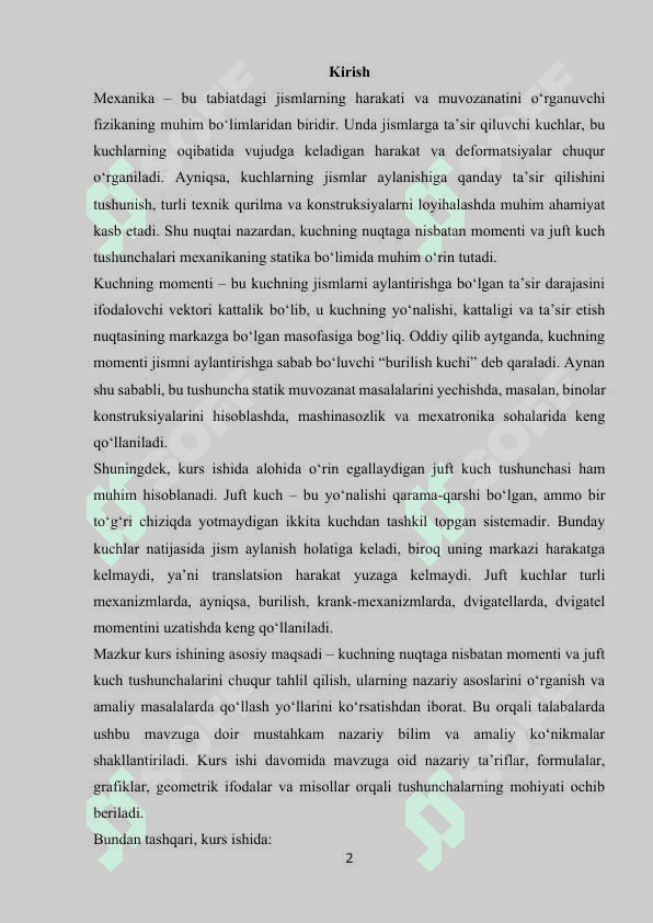 Kuchning nuqtaga nisbatan momenti. Juft kuch 2