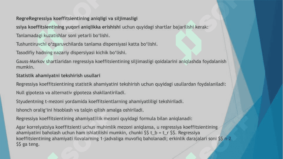 Regressyaning koeffitsientining va korelyatsiya koefitsientining statistik ahamiyatini baholash 4