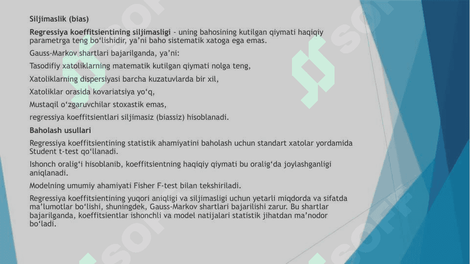 Regressyaning koeffitsientining va korelyatsiya koefitsientining statistik ahamiyatini baholash 7