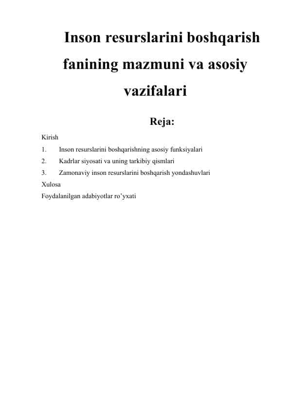 Inson resurslarini boshqarish fanining mazmuni va asosiy vazifalari