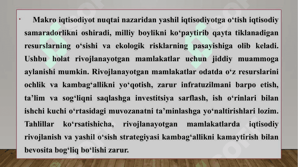 RIVOJLANAYOTGAN MAMLAKATLARDA BARQAROR RIVOJLANISHNI  TAMINLASH VA YASHIL IQTISODIYOTGA O`TISH MUAMMOSI. 2