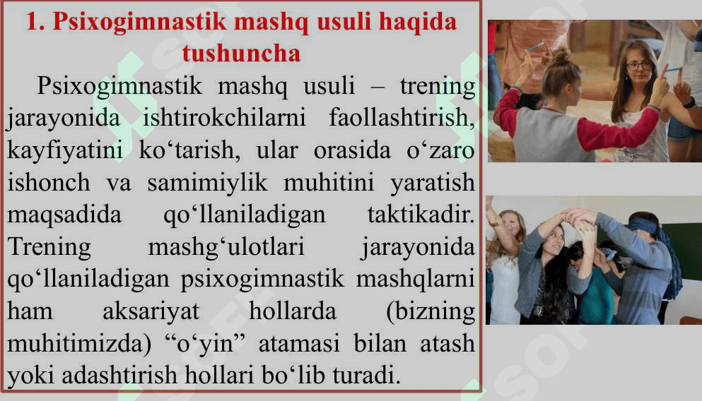 TRENING JARAYONIDA PSIXOGIMNASTIK	MASHQ USULI 3