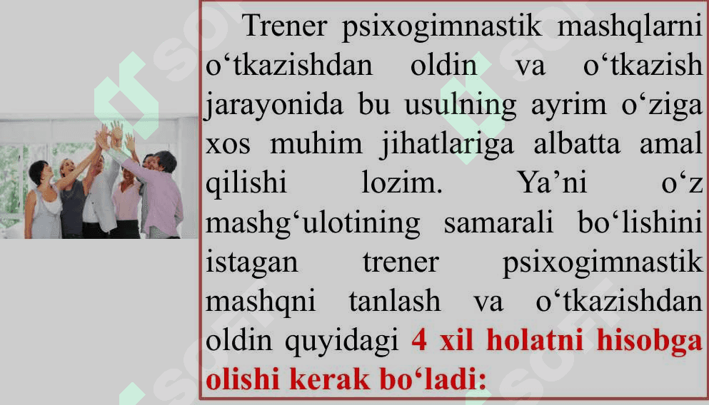 TRENING JARAYONIDA PSIXOGIMNASTIK	MASHQ USULI 5