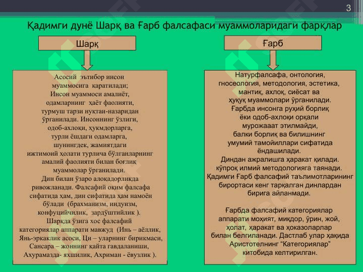 Фалсафий тафаккур эволюцияси. Қадимги давр, ўрта асрлар, уйғониш даври фалсафаси 3
