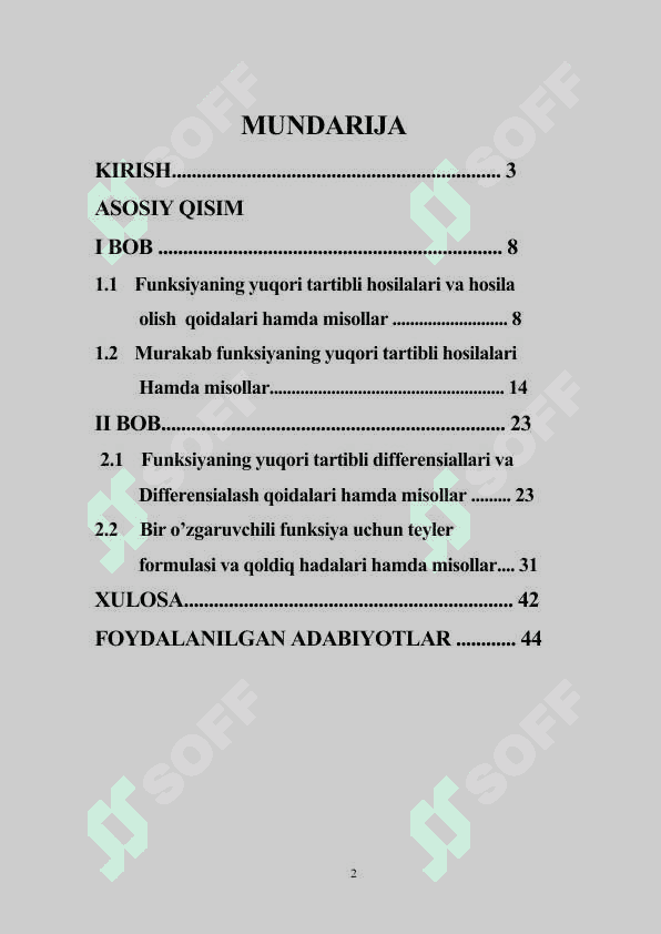 Bir o’zgaruvchili fungksiyaning yuqori tartibli                    hosilalari  va differnsiallari hamda Teyler formulasi 2