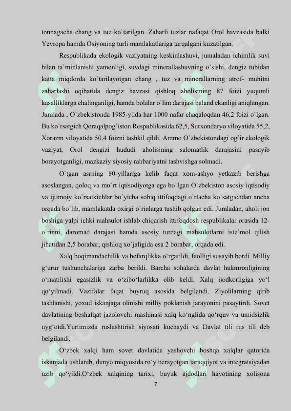 XX asrning 80-yillarida O'zbekistondagi siyosiy, ijtimoiy-iqtisodiy ahvol. Aholi turmush tarzining pasayishi. 7