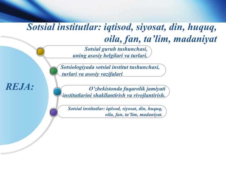 Sotsial institutlar iqtisod, siyosat, din, huquq, oila, fan, ta’lim, madaniyat