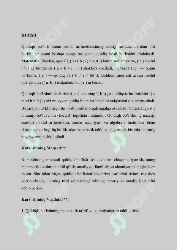Qoldiqli bo’lish va qoldiqli bo’lishni tekshirish. Kurs ishi, qol yozma uchun maʼlumotlar 2