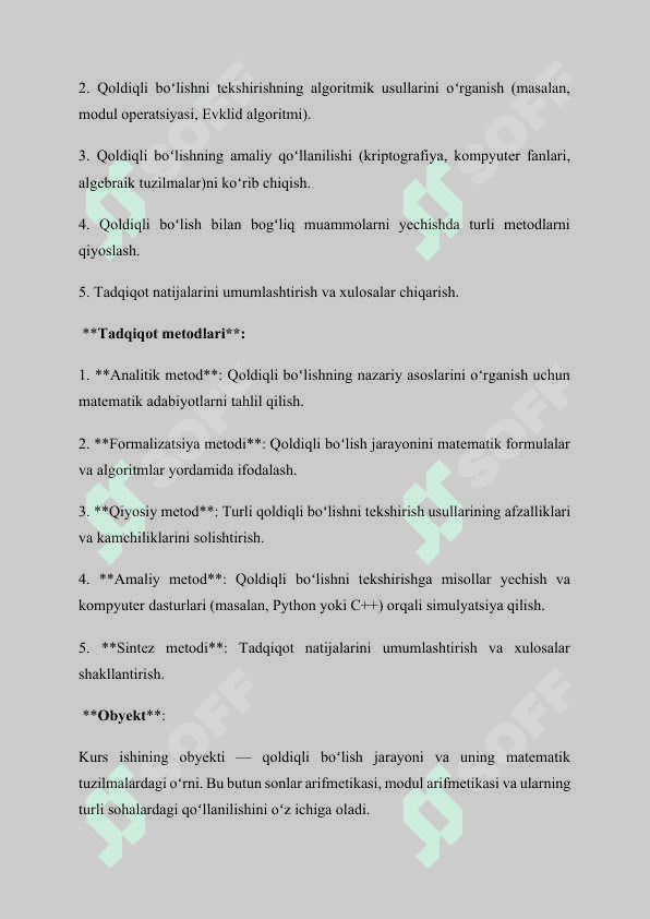 Qoldiqli bo’lish va qoldiqli bo’lishni tekshirish. Kurs ishi, qol yozma uchun maʼlumotlar 3