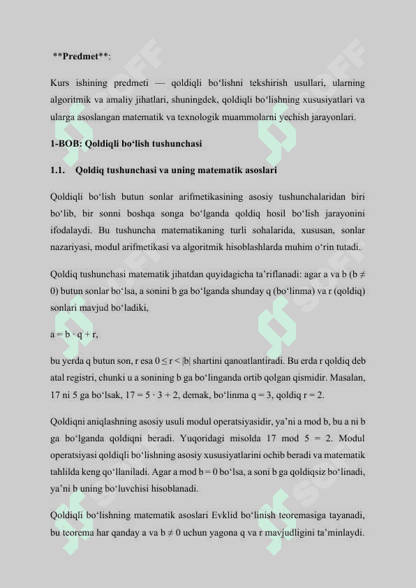 Qoldiqli bo’lish va qoldiqli bo’lishni tekshirish. Kurs ishi, qol yozma uchun maʼlumotlar 4