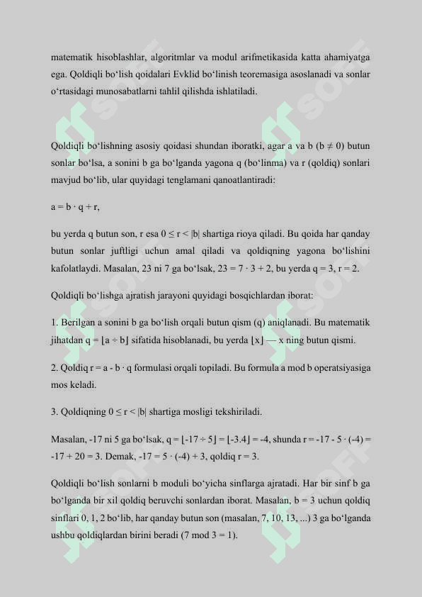 Qoldiqli bo’lish va qoldiqli bo’lishni tekshirish. Kurs ishi, qol yozma uchun maʼlumotlar 6