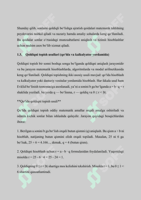 Qoldiqli bo’lish va qoldiqli bo’lishni tekshirish. Kurs ishi, qol yozma uchun maʼlumotlar 8