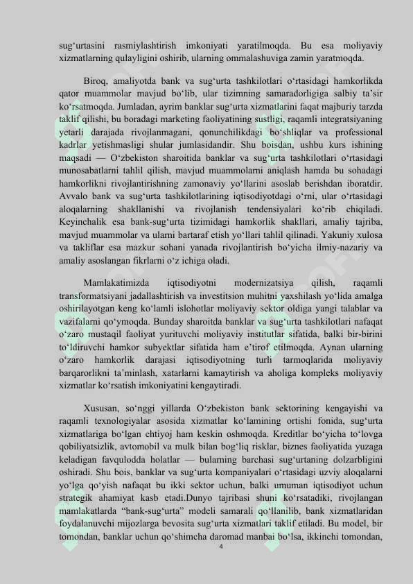 Banklar va sug‘urta tashkilotlari o’rtasidagi munosabatlarni rivojlantirishning zamonaviy yo’llari.kurs is 4