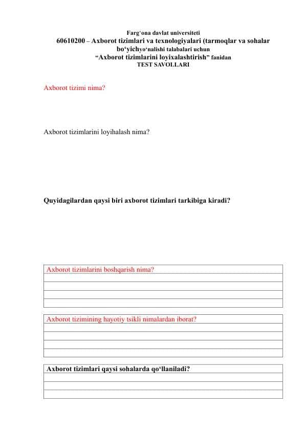 Axborot tizimlarini loyixalashtirish Test Informatika IT oraliq