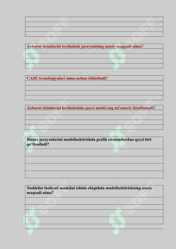 Axborot tizimlarini loyixalashtirish Test Informatika IT oraliq 4