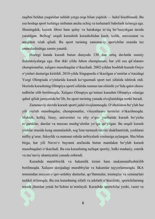 Kurashchining koʻp yillik texnik taktik va jismoniy tayyorgarlik. 8