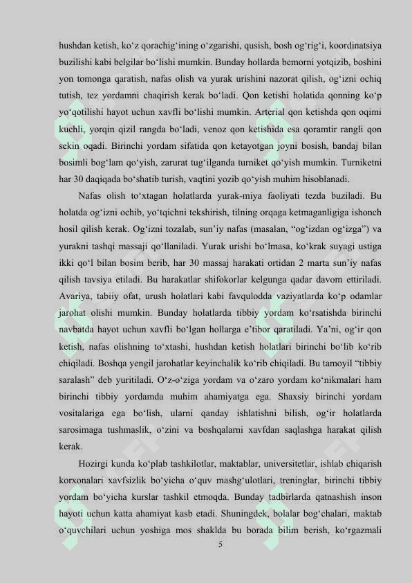Jarohatdan saqlanish va birinchi tibbiy yordam korsatish. 5