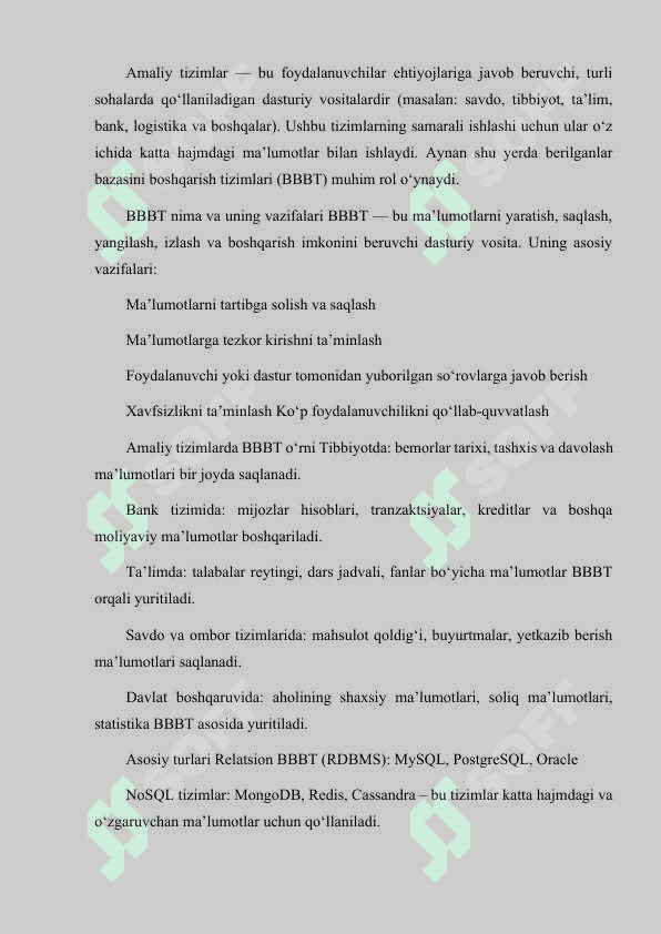 AMALIY TIZIMLARDA BERILGANLAR BAZASINI BOSHQARISH TIZIMLARI OʻRNI. 2