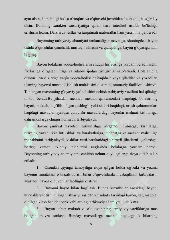 KURS ISHI: Bayon yozdirish orqali nutqiy ko’nikmalarni shakllantirish 5