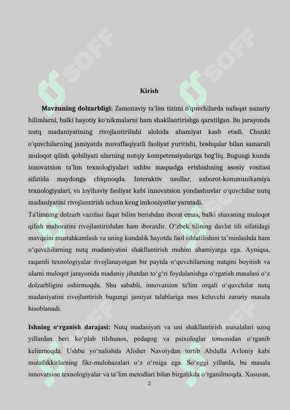 KURS ISHI: INNOVATSION TA'LIM SHAROITIDA O'QUVCHILARNING NUTQ MADANIYATINI SHAKLLANTIRISH METODIKASI 2