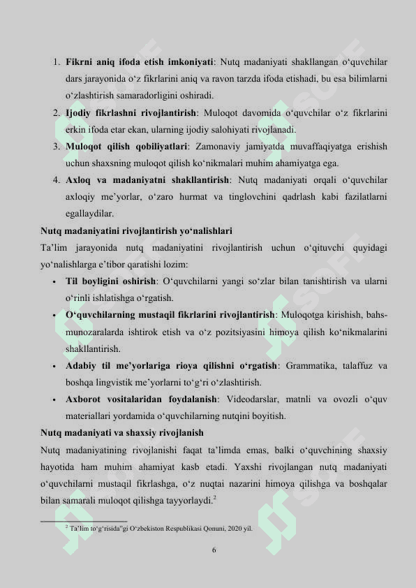KURS ISHI: INNOVATSION TA'LIM SHAROITIDA O'QUVCHILARNING NUTQ MADANIYATINI SHAKLLANTIRISH METODIKASI 6
