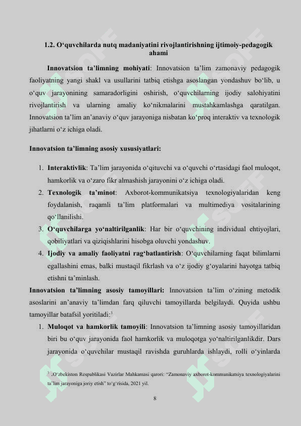 KURS ISHI: INNOVATSION TA'LIM SHAROITIDA O'QUVCHILARNING NUTQ MADANIYATINI SHAKLLANTIRISH METODIKASI 8