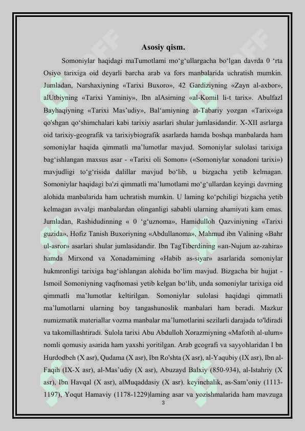Somoniylar va Qoraxoniylar davlati tarixi tarixshunoshligi” mavzusida referat tayyorlash. 3