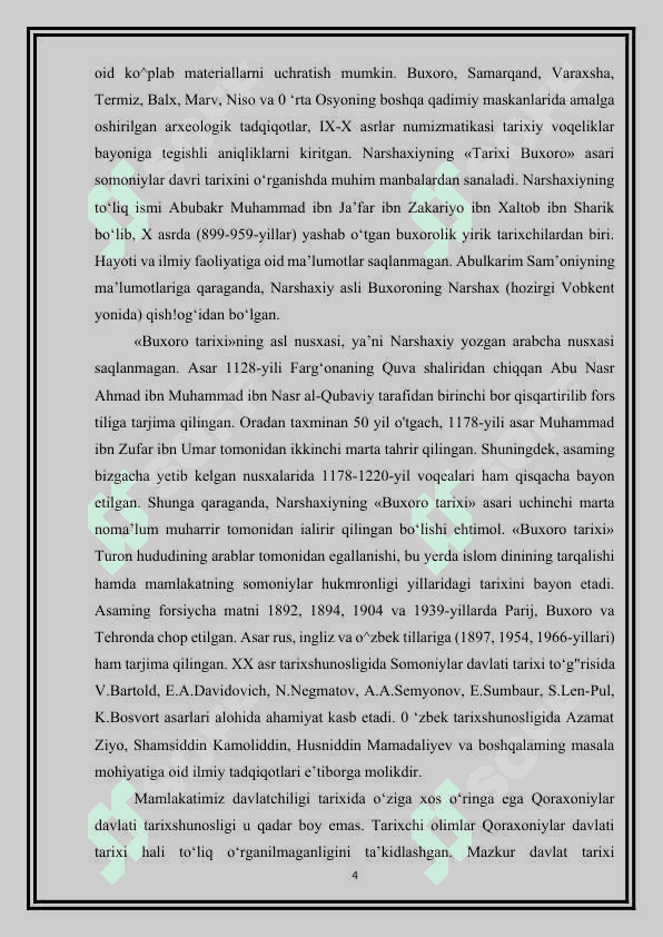 Somoniylar va Qoraxoniylar davlati tarixi tarixshunoshligi” mavzusida referat tayyorlash. 4
